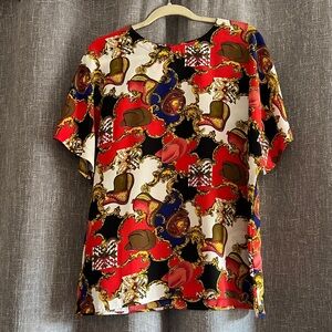 Vintage colorful short sleeve silky blouse with cowboy hats & saddles - Large